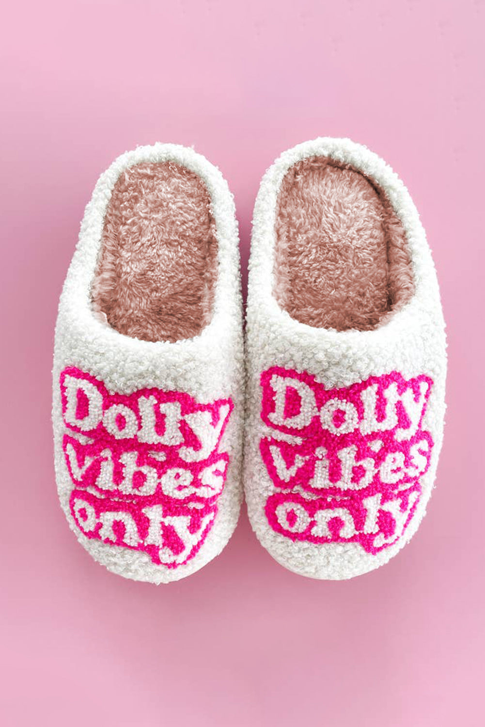 White Dolly Vibes Only Slip On Plush Slippers-Slides Shoes + Flip Flops-[Adult]-[Female]-2022 Online Blue Zone Planet