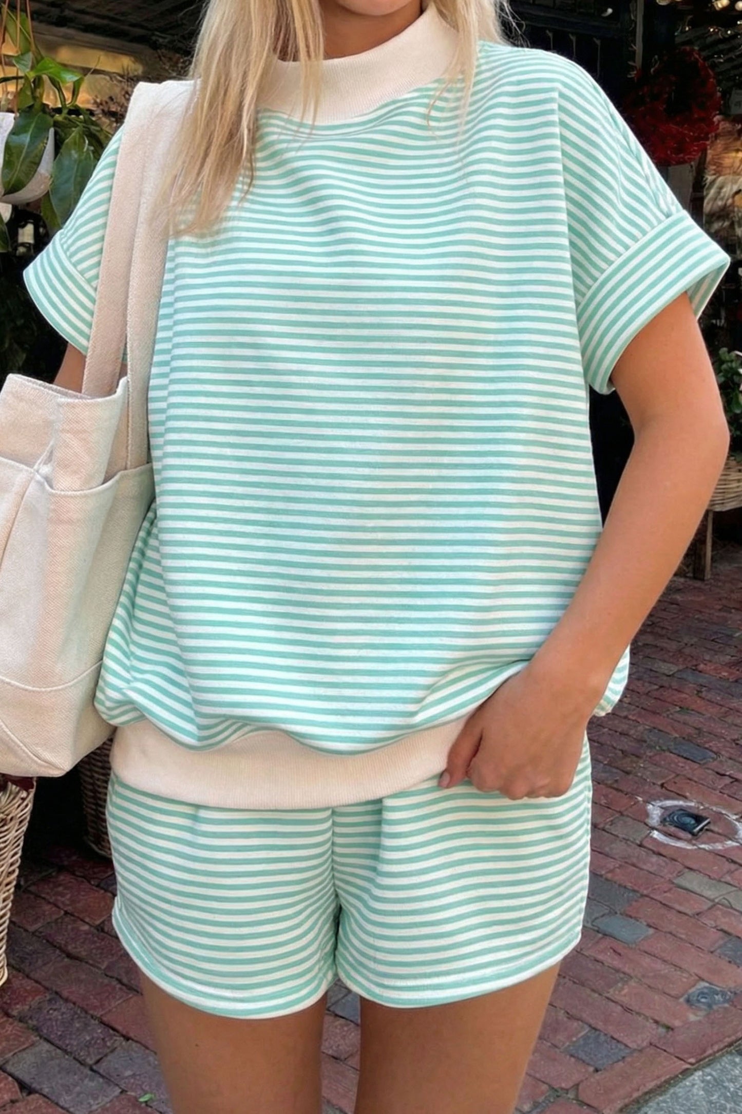 Pink Stripe Cuffed Sleeve Contrast Mock Neck Tee Casual 2pcs Short Set-Two Piece Sets/Short Sets-[Adult]-[Female]-Green Stripe-S-2022 Online Blue Zone Planet