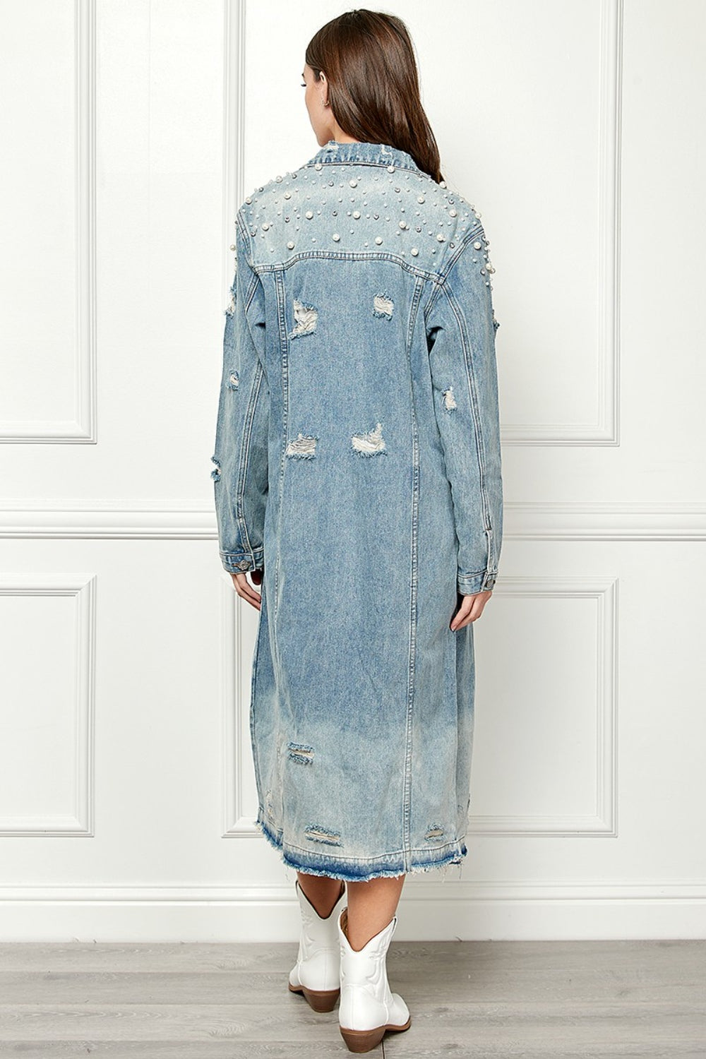 Blue Zone Planet | Veveret Full Size Distressed Raw Hem Pearl Detail Button Up Jacket-TOPS / DRESSES-[Adult]-[Female]-2022 Online Blue Zone Planet