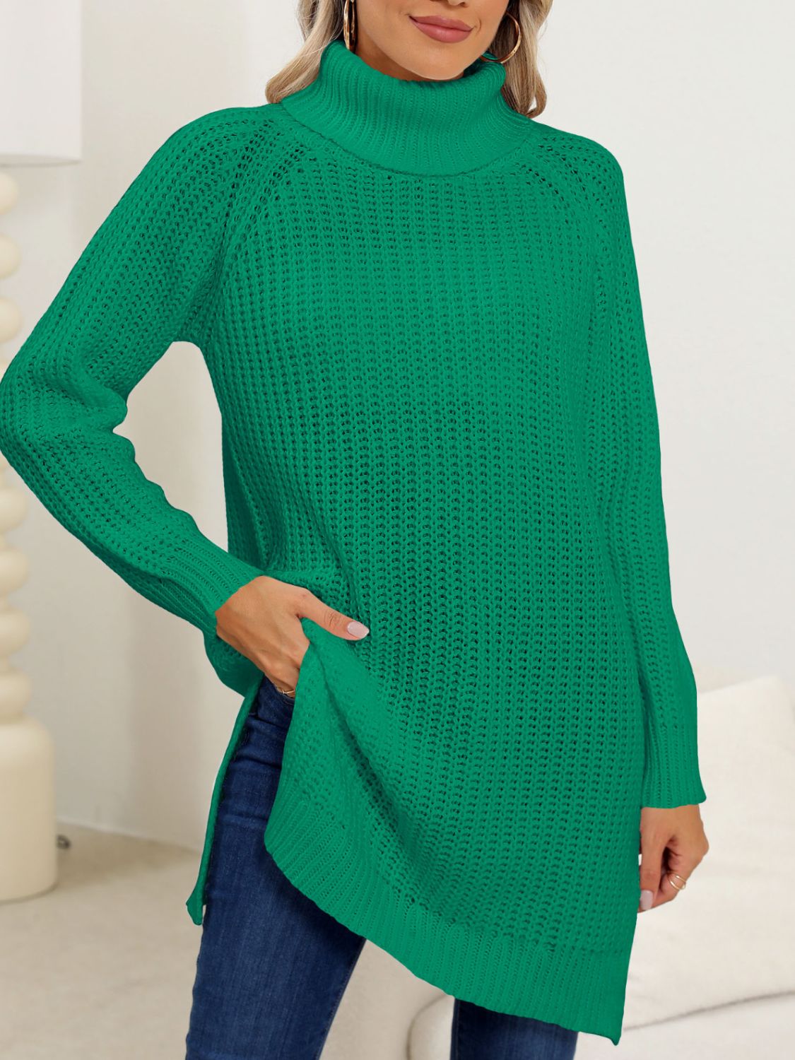 Blue Zone Planet | Slit Turtleneck Long Sleeve Sweater-TOPS / DRESSES-[Adult]-[Female]-2022 Online Blue Zone Planet