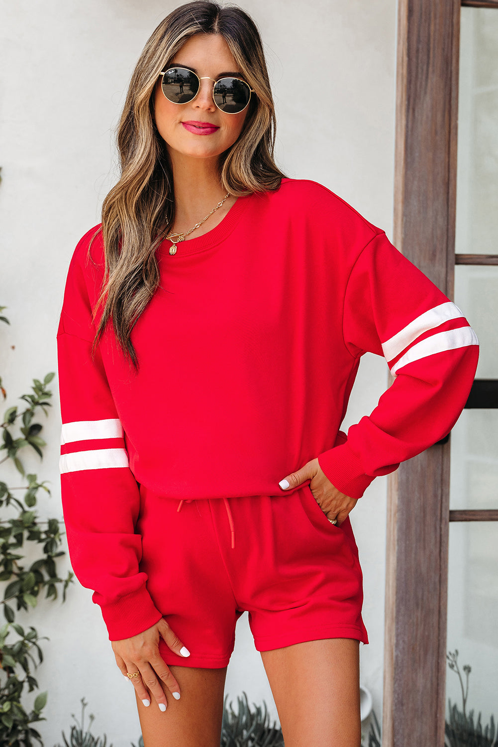 Fiery Red Varsity Striped Sleeve Drop Shoulder Sweatshirt and Short Set-Two Piece Sets/Short Sets-[Adult]-[Female]-2022 Online Blue Zone Planet