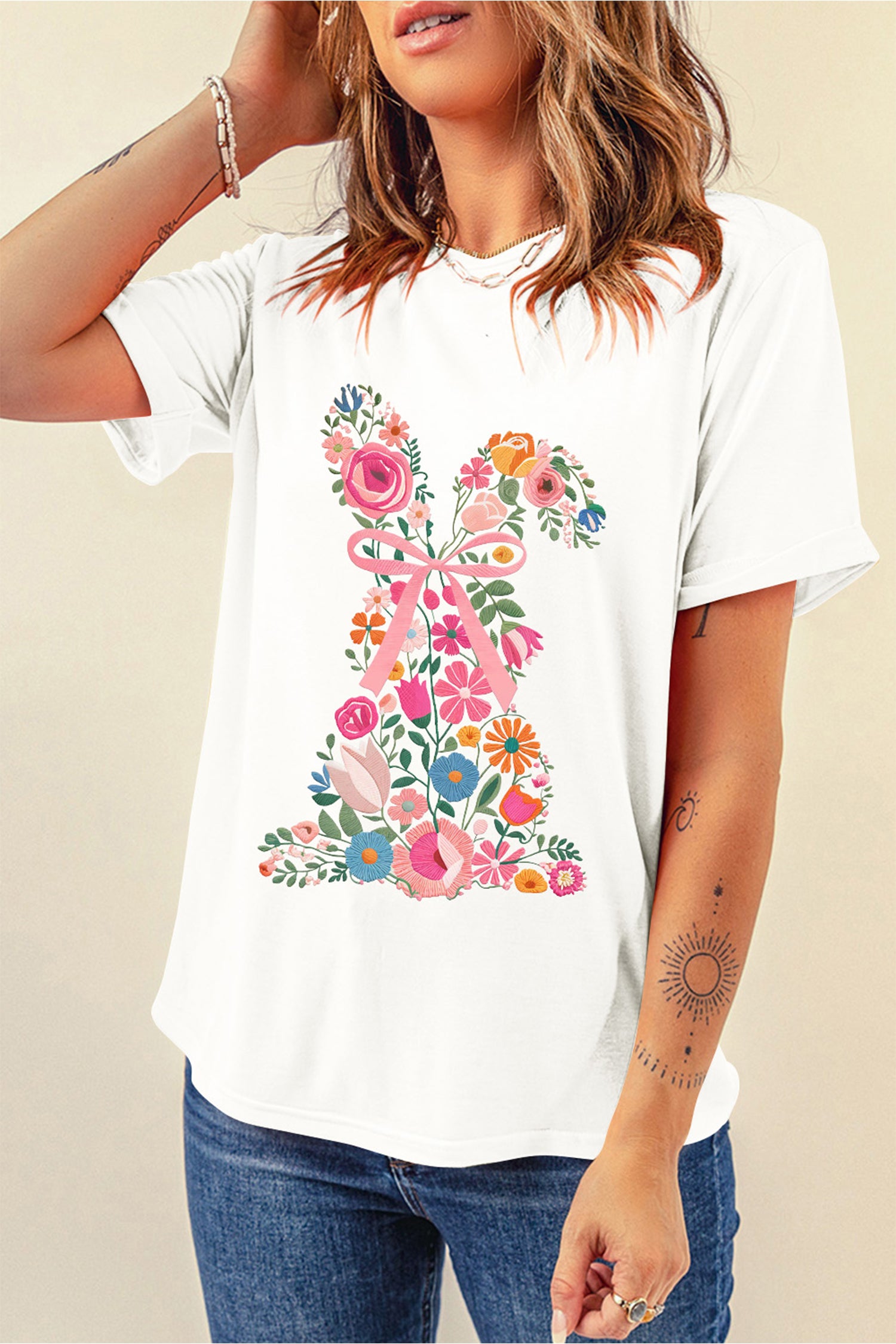 White Floral Easter Bunny Casual Graphic Tee-Graphic Tees-[Adult]-[Female]-2022 Online Blue Zone Planet