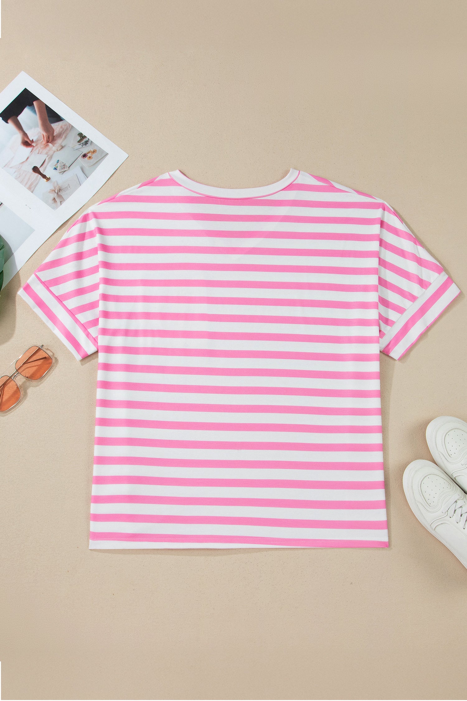 Pink Stripe Colorblock Patched Pocket V Neck Plus Size Tee-Plus Size/Plus Size Tops/Plus Size Tops & Tees-[Adult]-[Female]-2022 Online Blue Zone Planet