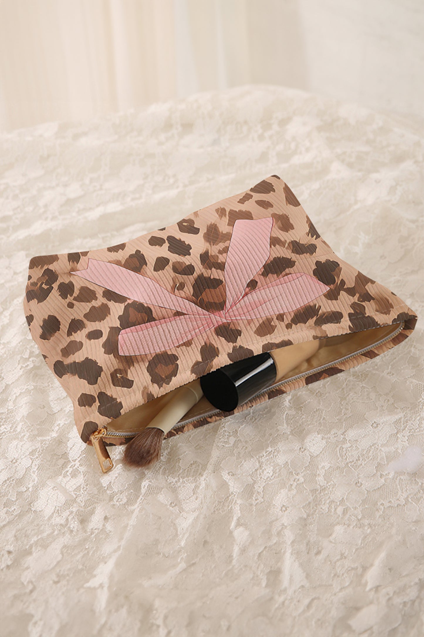 Camel Ribbon Bow Leopard Print Ribbed Cloth Makeup Bag-Shoes & Bags/Makeup Bags-[Adult]-[Female]-2022 Online Blue Zone Planet
