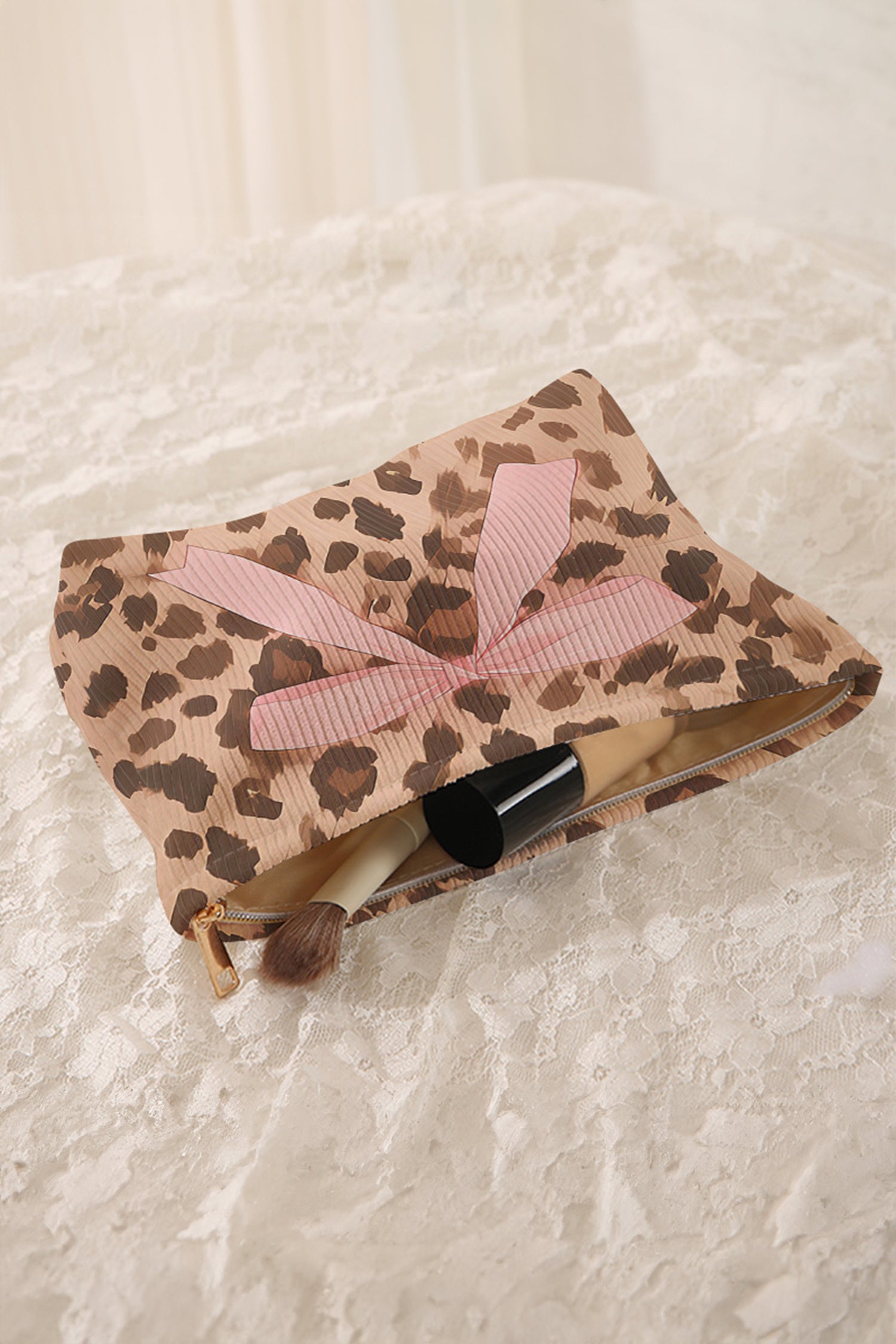 Camel Ribbon Bow Leopard Print Ribbed Cloth Makeup Bag-Shoes & Bags/Makeup Bags-[Adult]-[Female]-2022 Online Blue Zone Planet