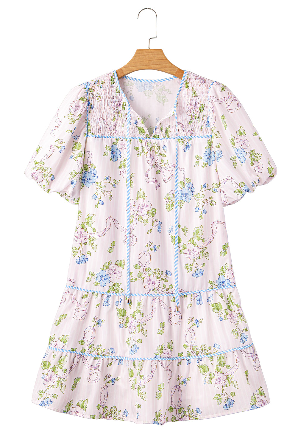 Pink Floral Striped Print Contrast Trim Tie Split Neck Mini Dress-TOPS / DRESSES-[Adult]-[Female]-2022 Online Blue Zone Planet