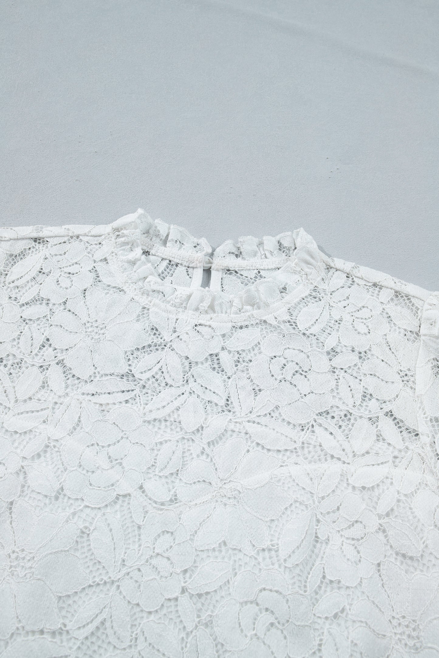 White Ruffled Round Neck Long Flounce Sleeve Sheer Lace Blouse-Tops/Blouses & Shirts-[Adult]-[Female]-2022 Online Blue Zone Planet