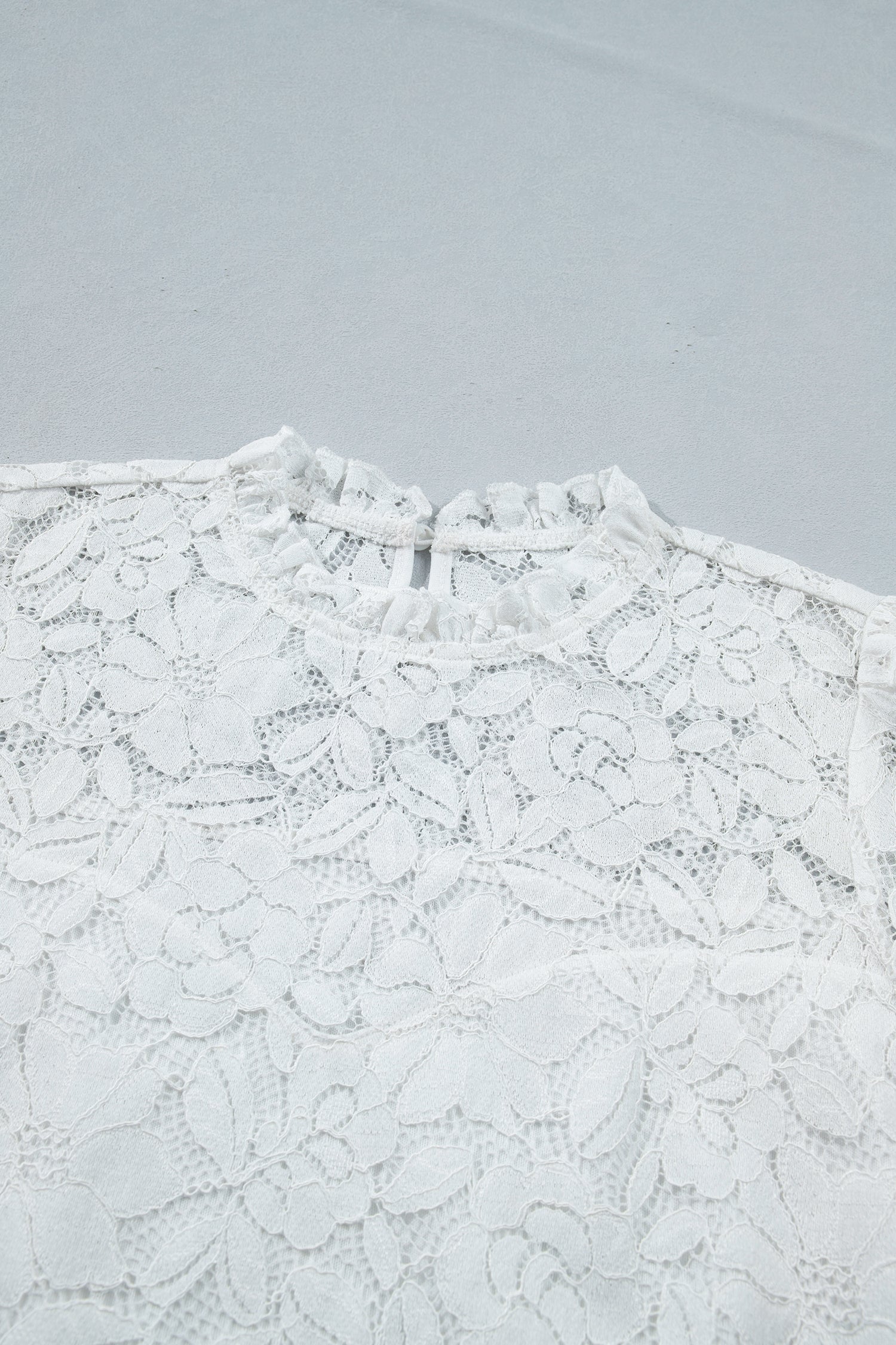 White Ruffled Round Neck Long Flounce Sleeve Sheer Lace Blouse-Tops/Blouses & Shirts-[Adult]-[Female]-2022 Online Blue Zone Planet