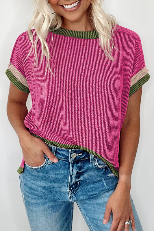Rose Red Textured Contrast Trim Round Neck T Shirt-Tops/Tops & Tees-[Adult]-[Female]-Rose Red-S-2022 Online Blue Zone Planet