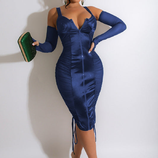 Color Ding Mesh Stitching Sexy Clubwear Party Bodycon Midi Dress Blue Zone Planet