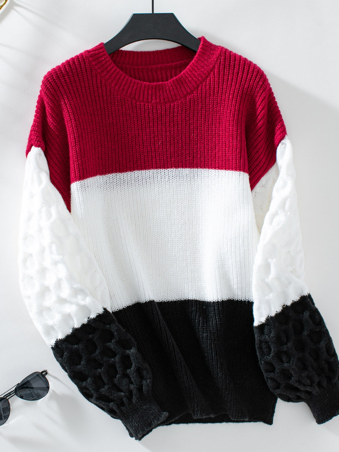 Color Block Round Neck Long Sleeve Sweater-TOPS / DRESSES-[Adult]-[Female]-Deep Red-S-2022 Online Blue Zone Planet