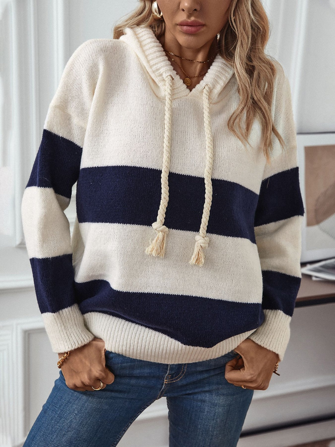 Drawstring Contrast Stripe Dropped Shoulder Hooded Sweater-TOPS / DRESSES-[Adult]-[Female]-2022 Online Blue Zone Planet