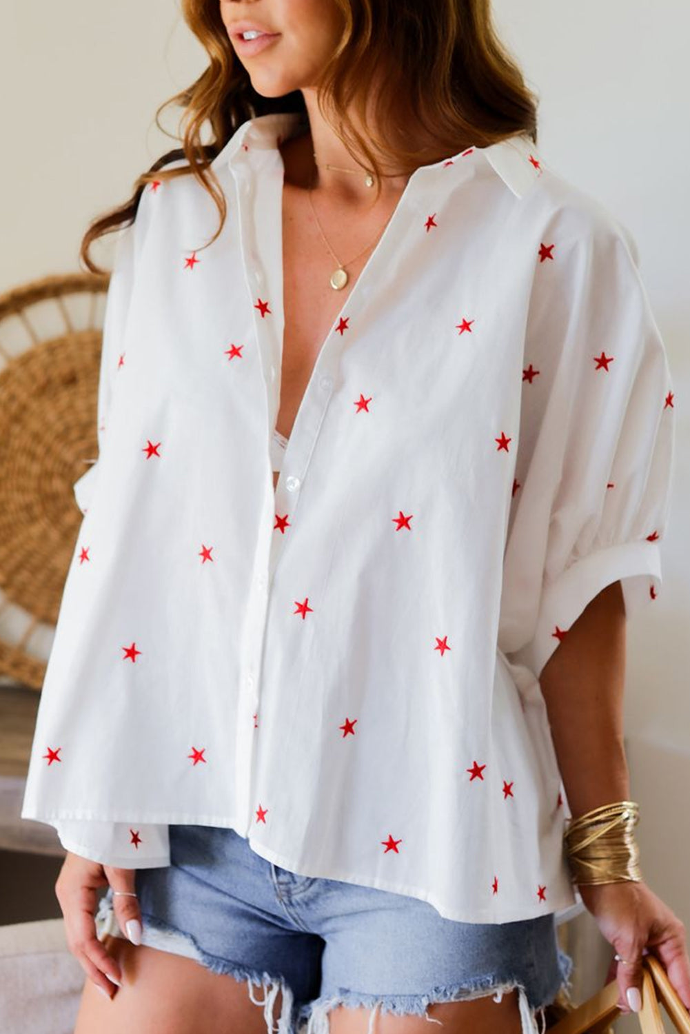 White Little Stars Printed Loose Half Sleeve Loose Shirt-Tops/Blouses & Shirts-[Adult]-[Female]-2022 Online Blue Zone Planet