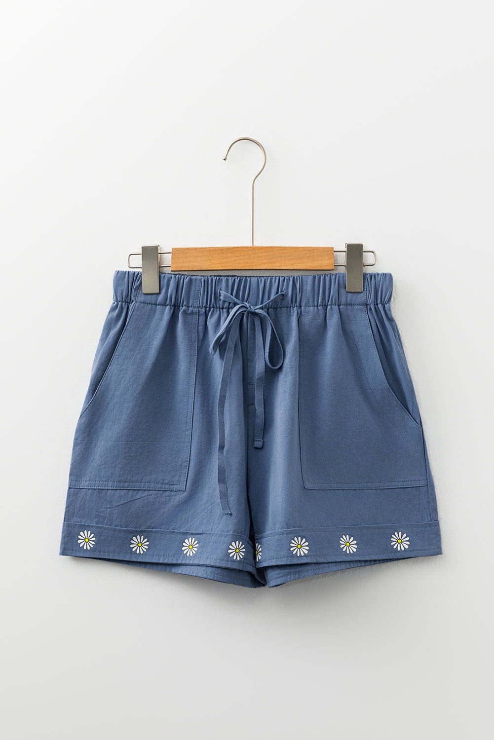 Blue Daisy Print Drawstring Waist Shorts With Pockets-Bottoms/Casual Shorts-[Adult]-[Female]-2022 Online Blue Zone Planet