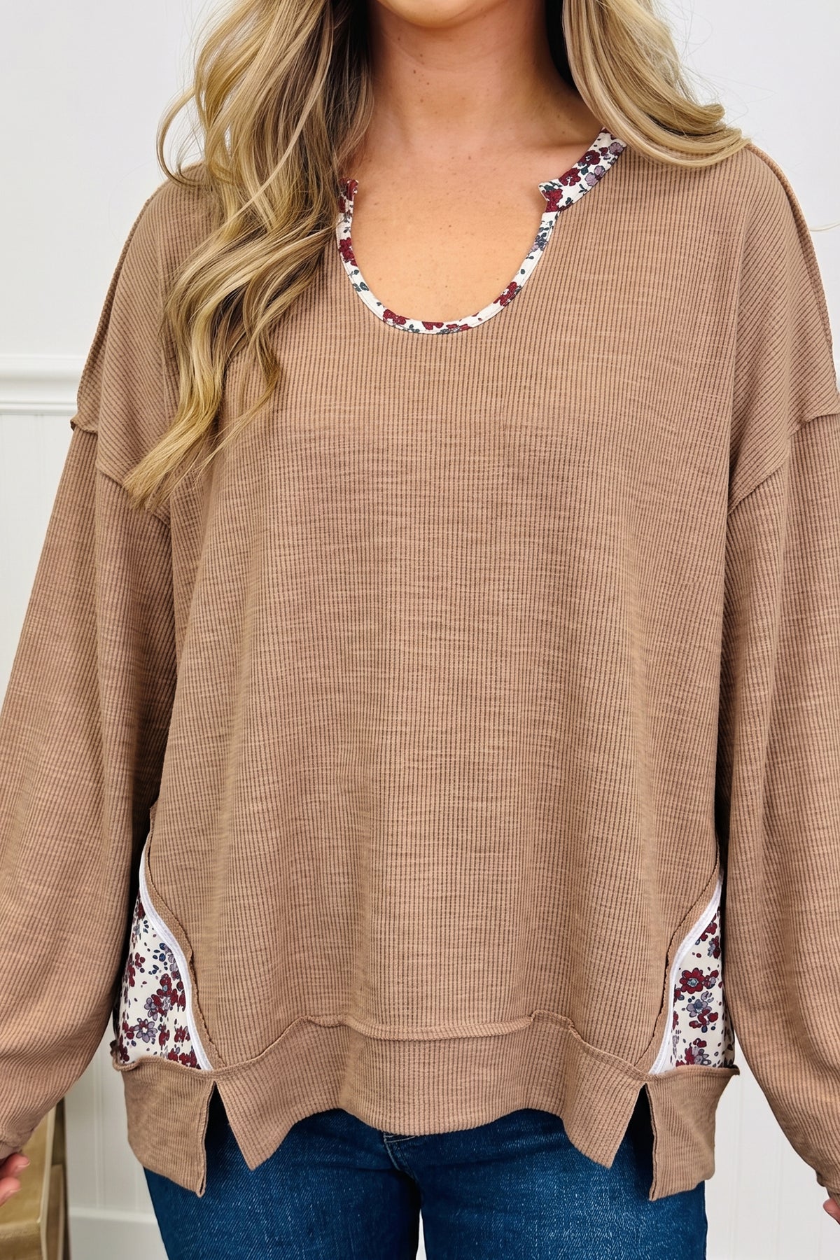 Light French Beige Floral Trim U Neck Long Sleeve Tunic Casual Pullover Top-Tops/Long Sleeve Tops-[Adult]-[Female]-Light French Beige-S-2022 Online Blue Zone Planet