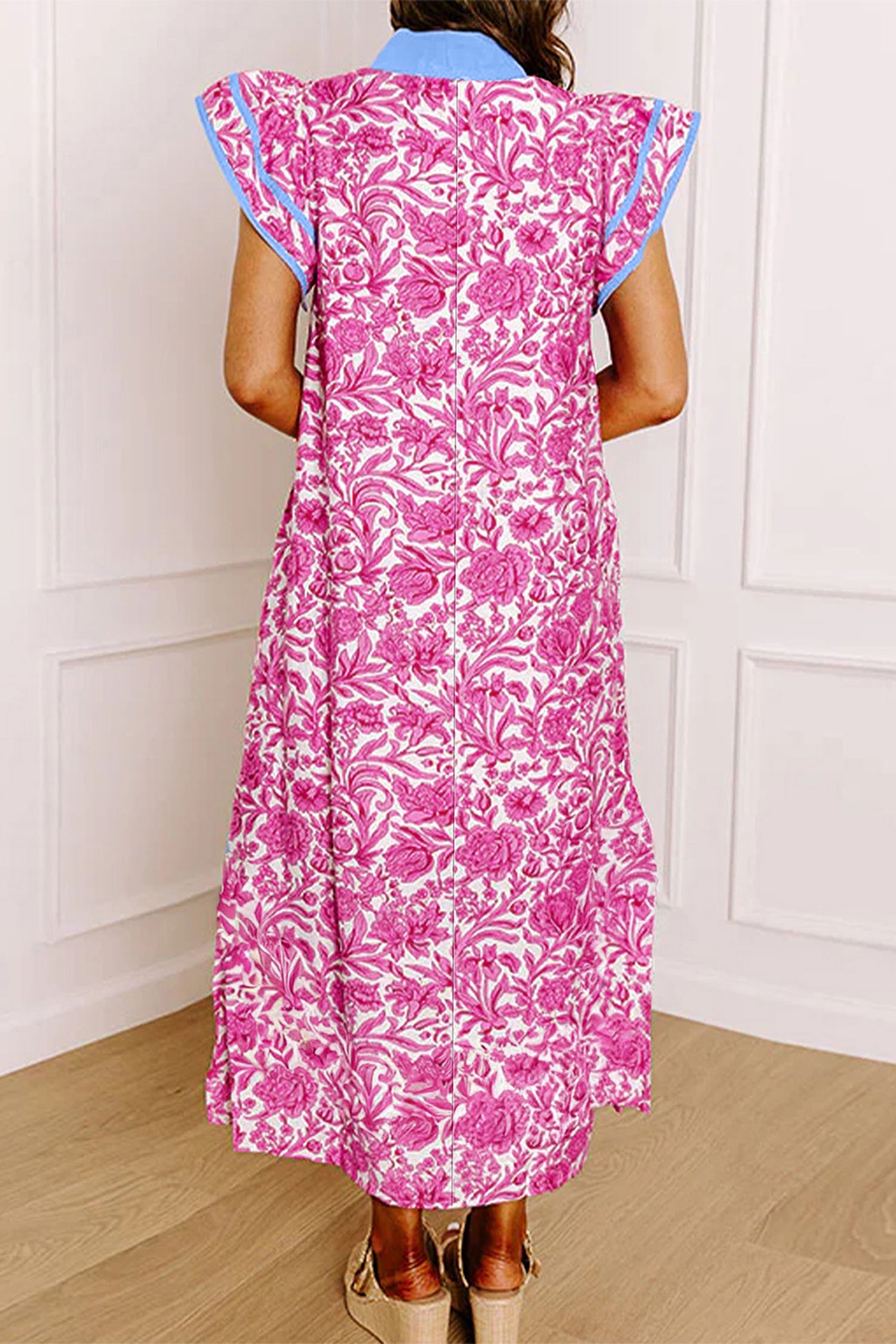 Pink Floral Print Color Block Patchwork V Neck Short Sleeve Midi Dress-Dresses/Floral Dresses-[Adult]-[Female]-2022 Online Blue Zone Planet