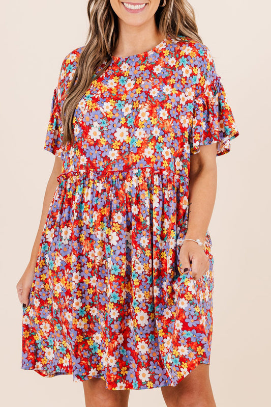 Red Flower Print Frill Waist Plus Size Mini Dress-Plus Size Dresses-[Adult]-[Female]-Red-1X-2022 Online Blue Zone Planet