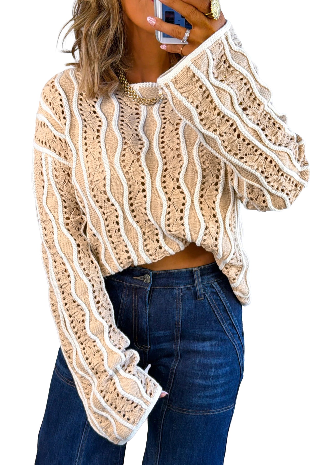 Khaki Wavy Detail Hollow Out Knit Long Sleeve Cotton Pullover Sweater-Sweaters & Cardigans/Sweaters-[Adult]-[Female]-2022 Online Blue Zone Planet