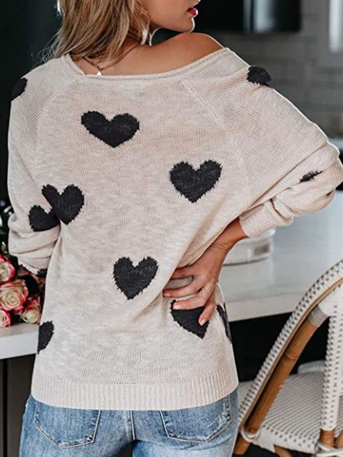 Heart Scoop Neck Long Sleeve Sweater-TOPS / DRESSES-[Adult]-[Female]-White-S-2022 Online Blue Zone Planet