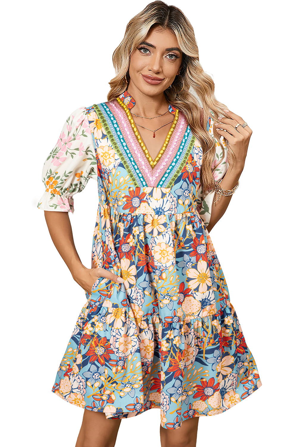 Multicolor Allover Floral Print V Neck Tiered Mini Dress-Short Dresses-[Adult]-[Female]-2022 Online Blue Zone Planet