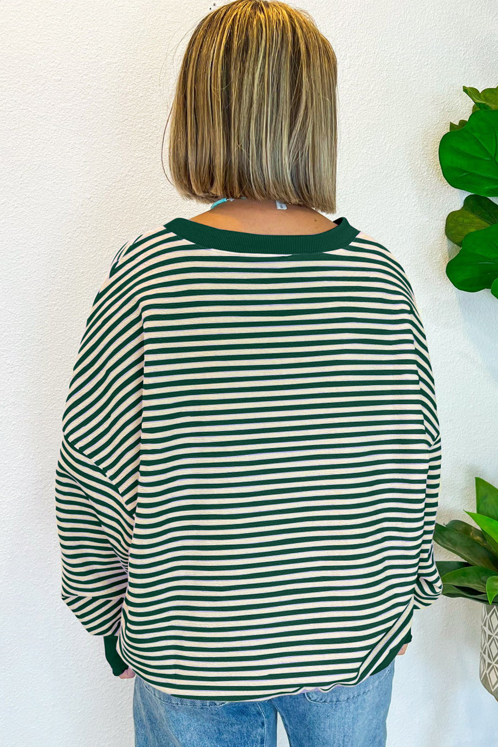 Blue Zone Planet | Green Stripe Drop Shoulder Long Sleeve Top-Long Sleeve Tops-[Adult]-[Female]-2022 Online Blue Zone Planet