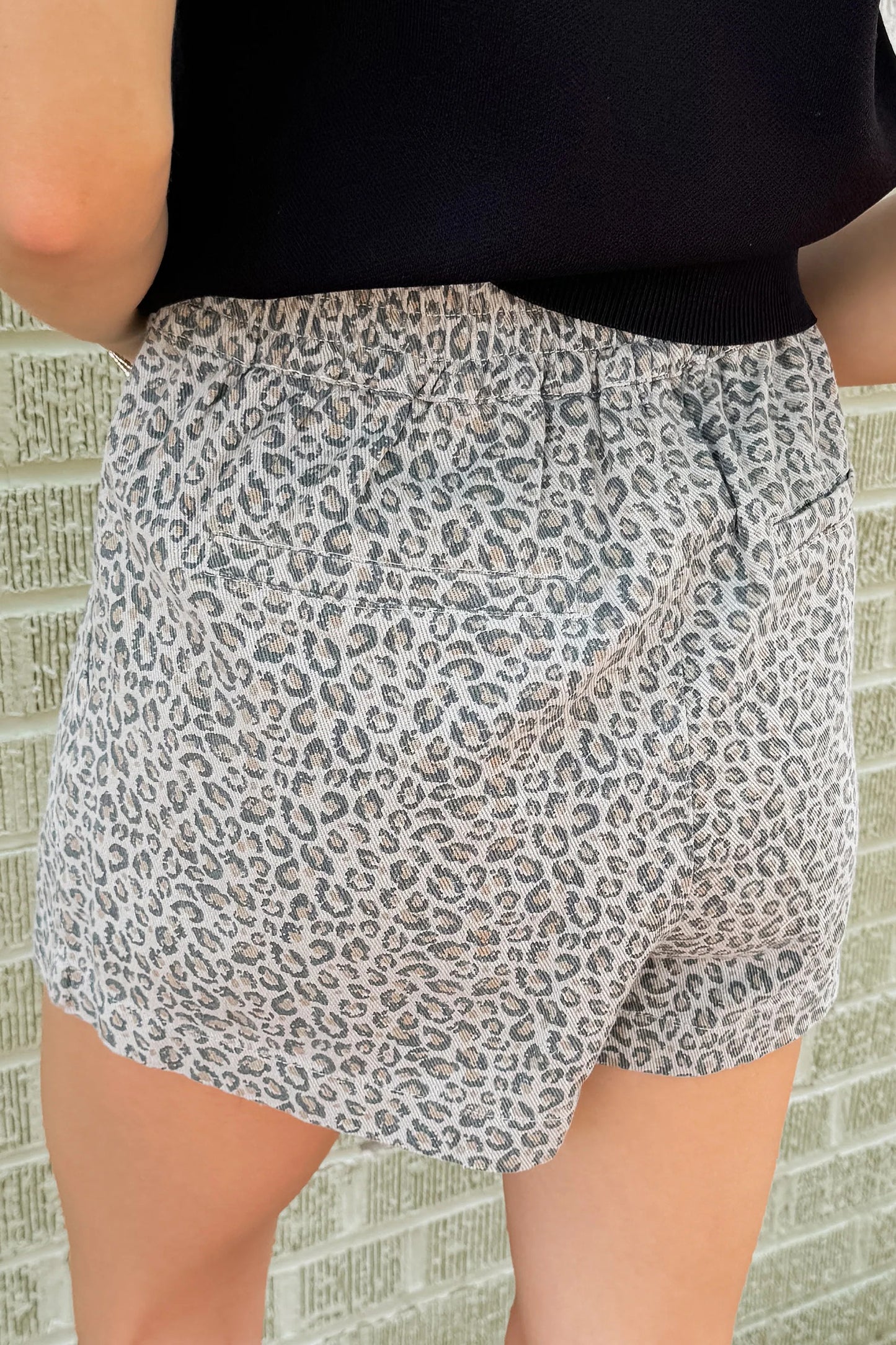 Gray Leopard Print Wrap Front Denim Shorts-Bottoms/Denim Shorts-[Adult]-[Female]-2022 Online Blue Zone Planet