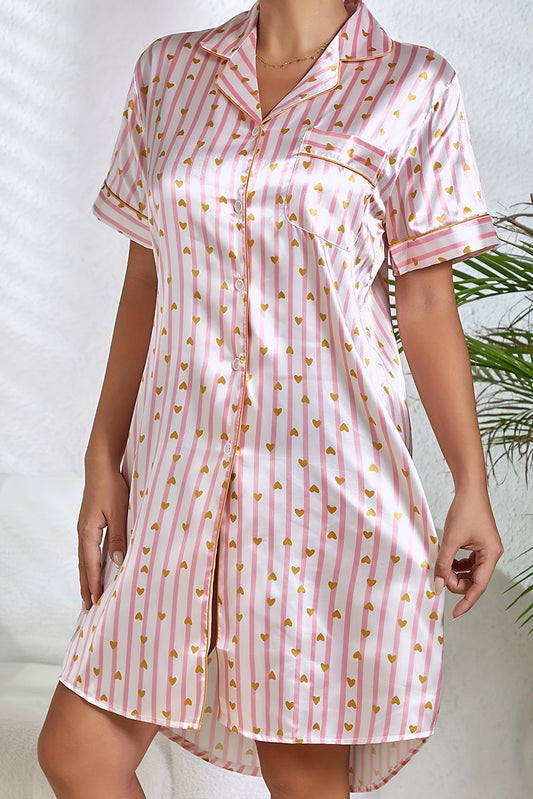 Pink Heart Print Striped Short Sleeve Button Up Pajama Dress-Loungewear Set-[Adult]-[Female]-Pink-S-2022 Online Blue Zone Planet