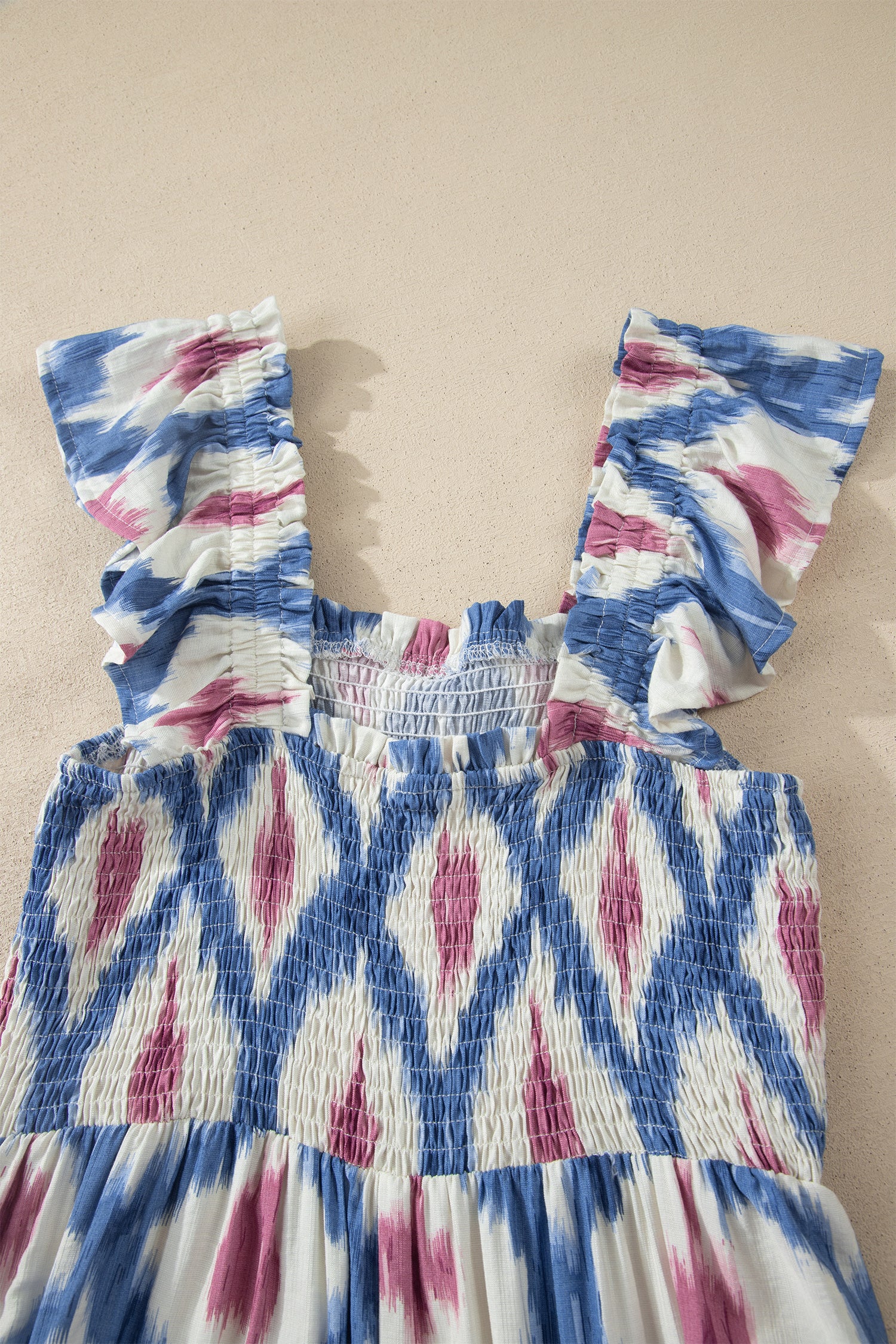 Sky Blue Ethnic Geometric Print Square Neck Smocked High Waist Ruffle Sleeve Dress-TOPS / DRESSES-[Adult]-[Female]-2022 Online Blue Zone Planet
