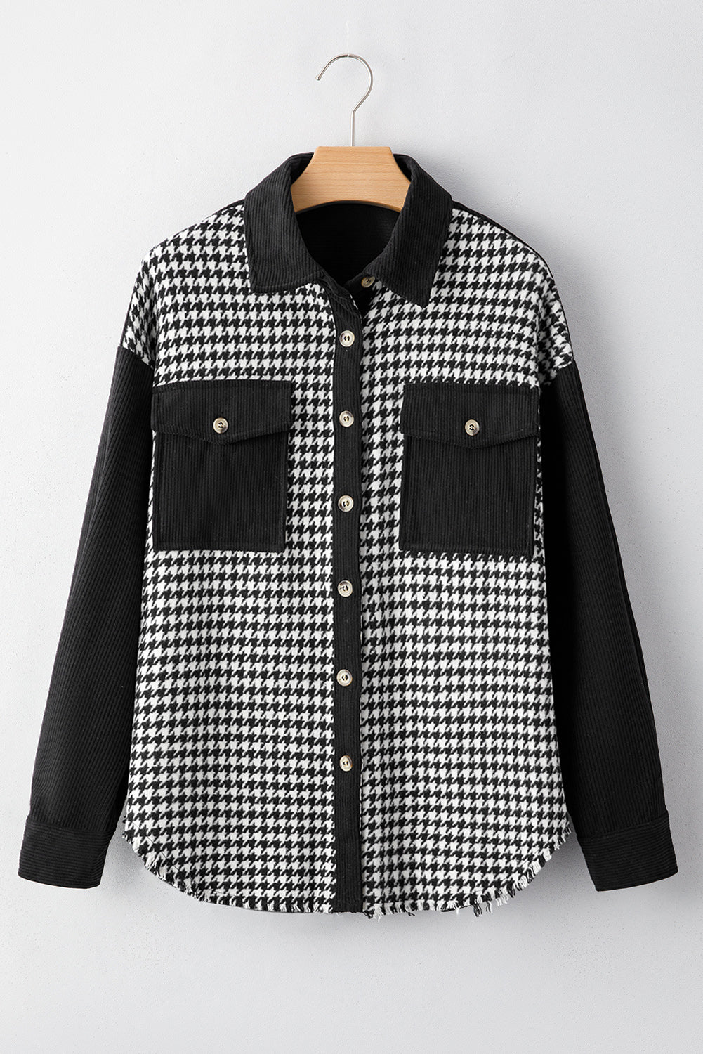 Blue Zone Planet | Black Houndstooth Corduroy Patchwork Flap Pocket Shacket-Outerwear/Jackets-[Adult]-[Female]-2022 Online Blue Zone Planet