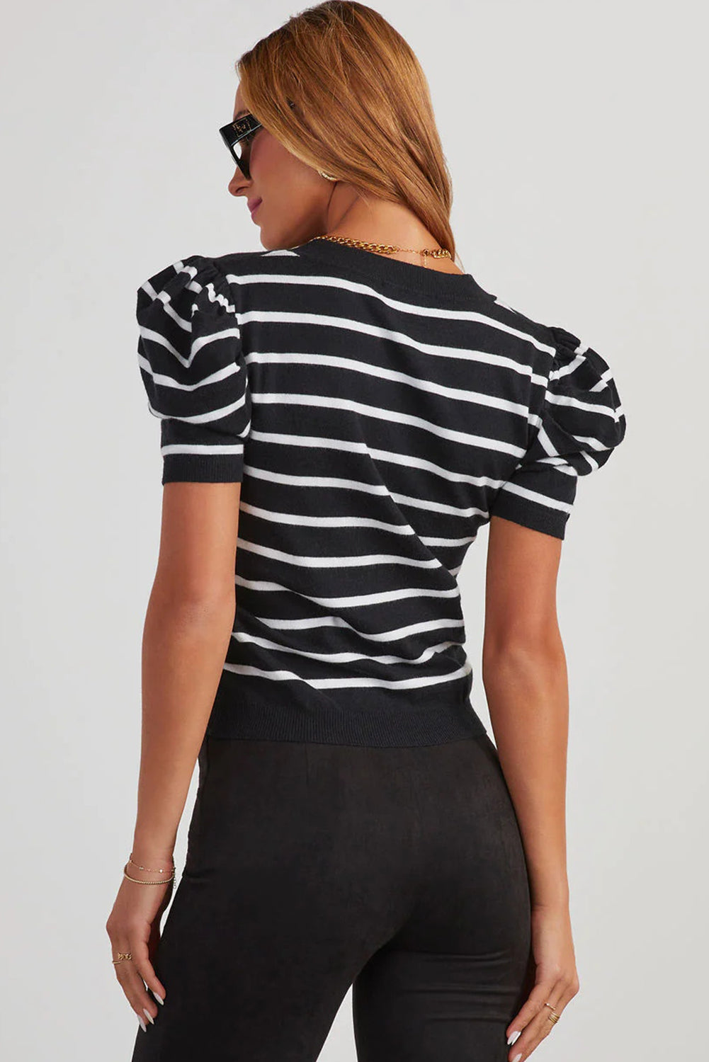 White Stripe Ribbed Trim Round Neck Bubble Sleeve Knitted Top-Sweaters & Cardigans/Short Sleeve Sweaters-[Adult]-[Female]-2022 Online Blue Zone Planet