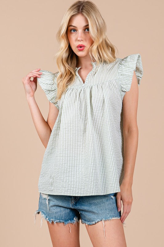 Ces Femme Plaid Notched Ruffled Cap Sleeve Blouse-TOPS / DRESSES-[Adult]-[Female]-2022 Online Blue Zone Planet