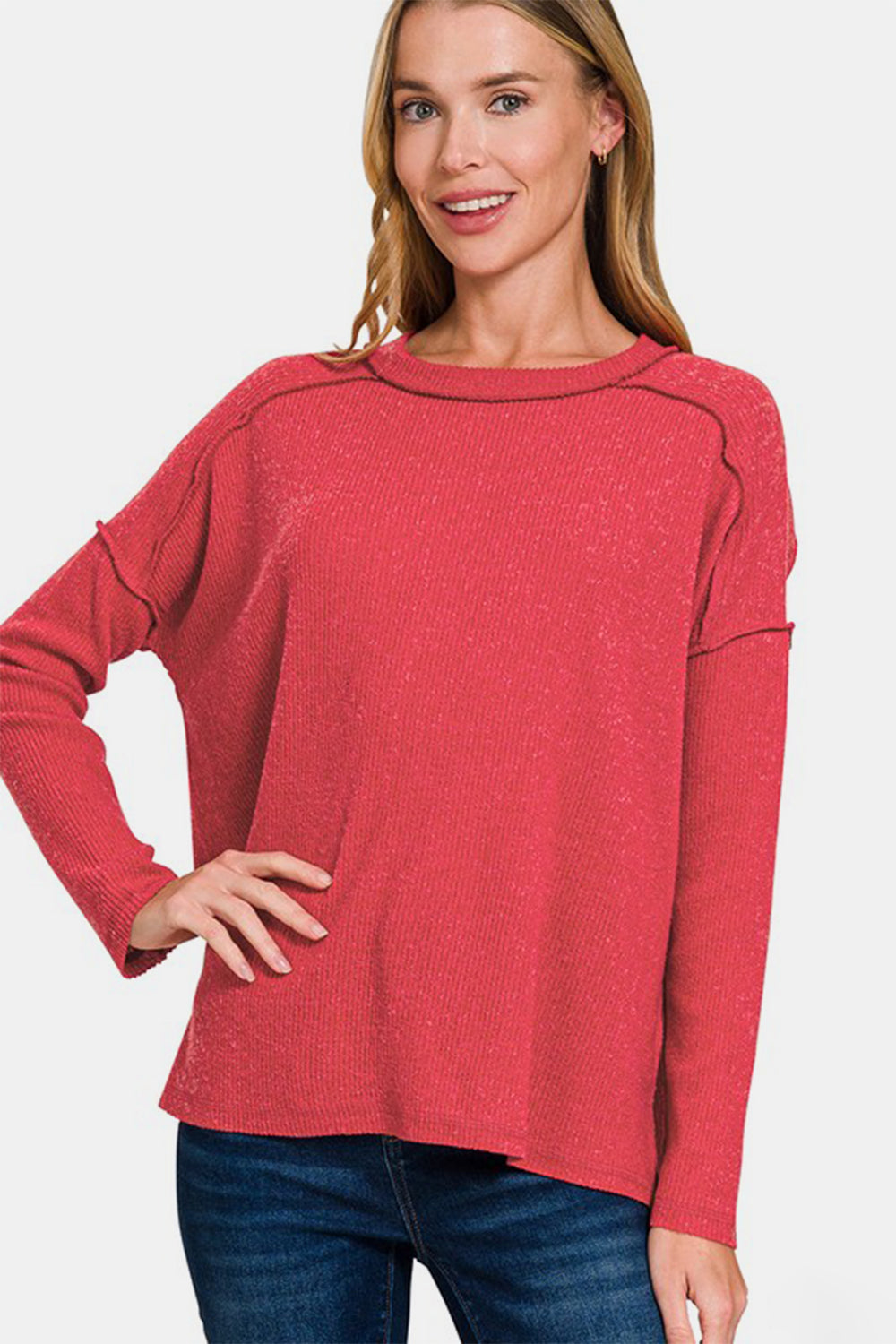 Zenana Full Size Exposed Seam Brushed Round Neck Sweater-TOPS / DRESSES-[Adult]-[Female]-Red-S/M-2022 Online Blue Zone Planet