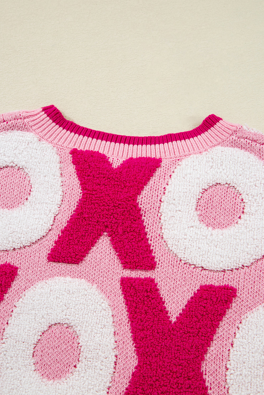 Pink XOXO Pattern Drop Shoulder Crewneck Valentines Sweater-Sweaters & Cardigans/Sweaters-[Adult]-[Female]-2022 Online Blue Zone Planet