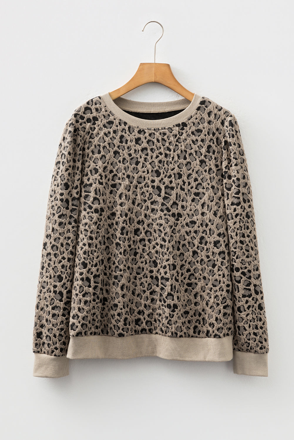 Brown Ribbed Trim Leopard Print Long Sleeve Top-Tops/Long Sleeve Tops-[Adult]-[Female]-Khaki-S-2022 Online Blue Zone Planet