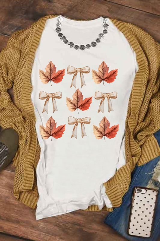 White Fall Leaf Bow Print Thanksgiving T Shirt-Graphic/Graphic Tees-[Adult]-[Female]-White-S-2022 Online Blue Zone Planet