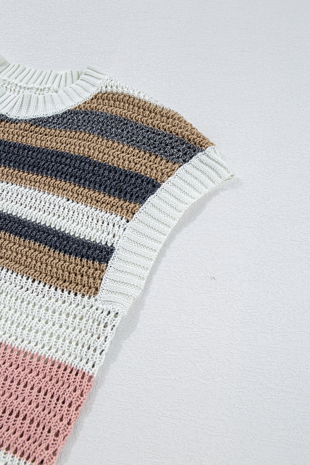 Blue Zone Planet | Pink Stripe Colorblock Eyelet Knit Short Sleeve Sweater Tee-Short Sleeve Sweater-[Adult]-[Female]-2022 Online Blue Zone Planet