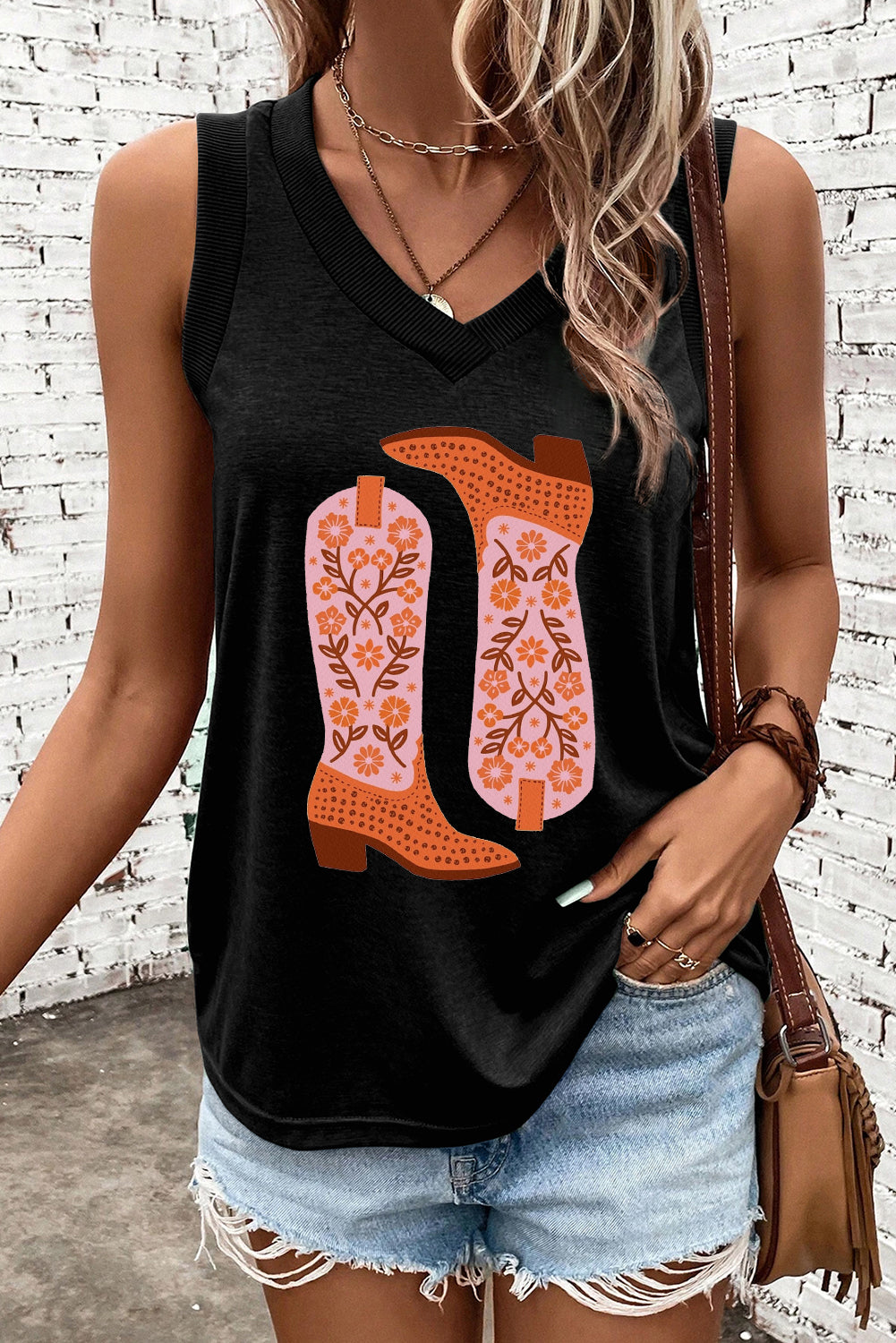 Black Cowgirl Floral Boots Printed Tank Top-Graphic/Graphic Tank Tops-[Adult]-[Female]-Black-S-2022 Online Blue Zone Planet