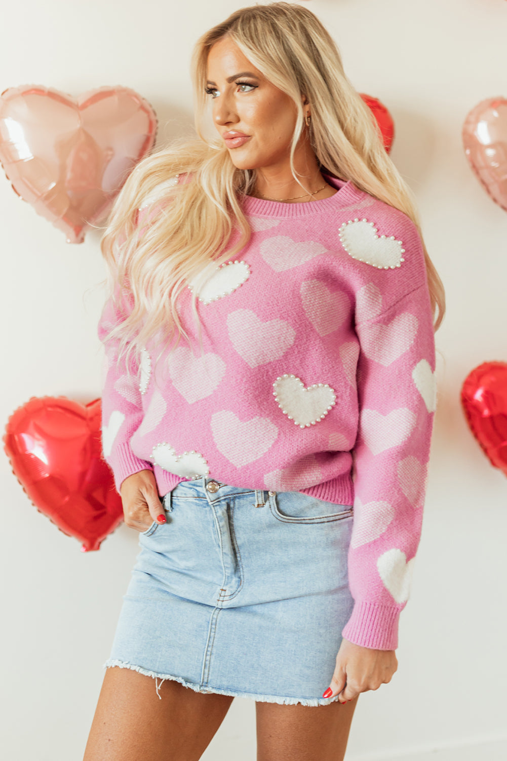 Blue Zone Planet | Pink Pearled Heart Print Valentines Crew Neck Sweater-Sweaters & Cardigans/Sweaters-[Adult]-[Female]-2022 Online Blue Zone Planet