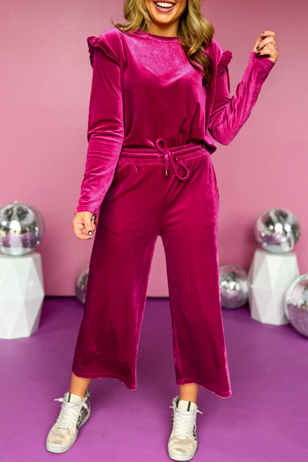 Rose Red Velvet Ruffle Shoulder and Wide Leg Pants Set-Two Piece Pants Sets-[Adult]-[Female]-Rose Red-S-2022 Online Blue Zone Planet