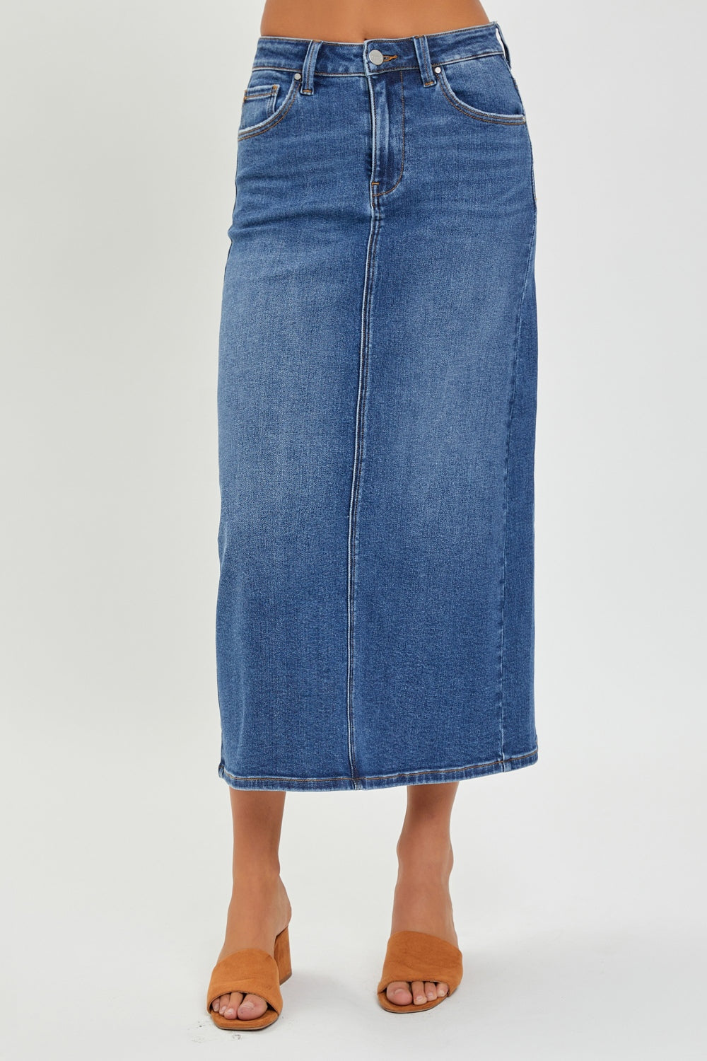 RISEN High Rise Back Slit Denim Skirt-BOTTOMS SIZES SMALL MEDIUM LARGETTOMS-[Adult]-[Female]-Dark-S-2022 Online Blue Zone Planet