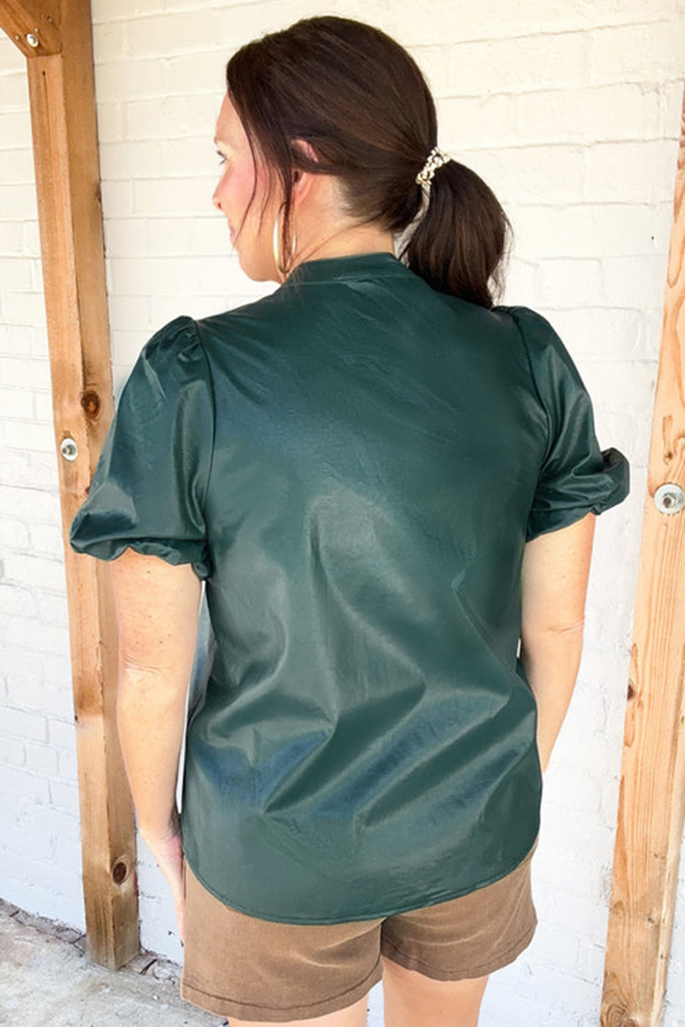 Sea Green Notched V Neck Short Puff Sleeve PU Leather Blouse-Tops/Blouses & Shirts-[Adult]-[Female]-2022 Online Blue Zone Planet