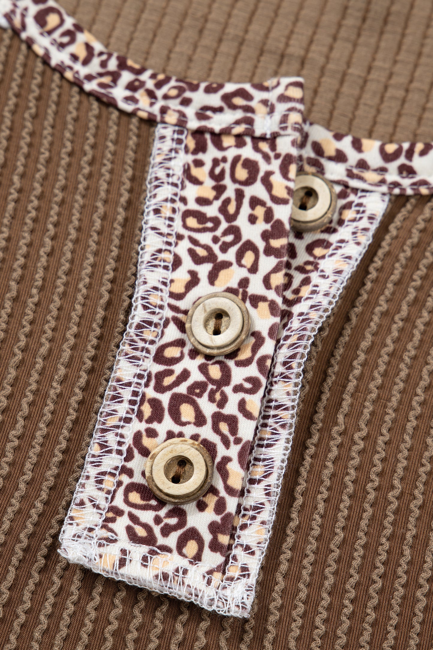 Dark Khaki Twisted Ribbed Leopard Lace Contrast Patchwork Long Sleeve Top-Tops/Long Sleeve Tops-[Adult]-[Female]-2022 Online Blue Zone Planet