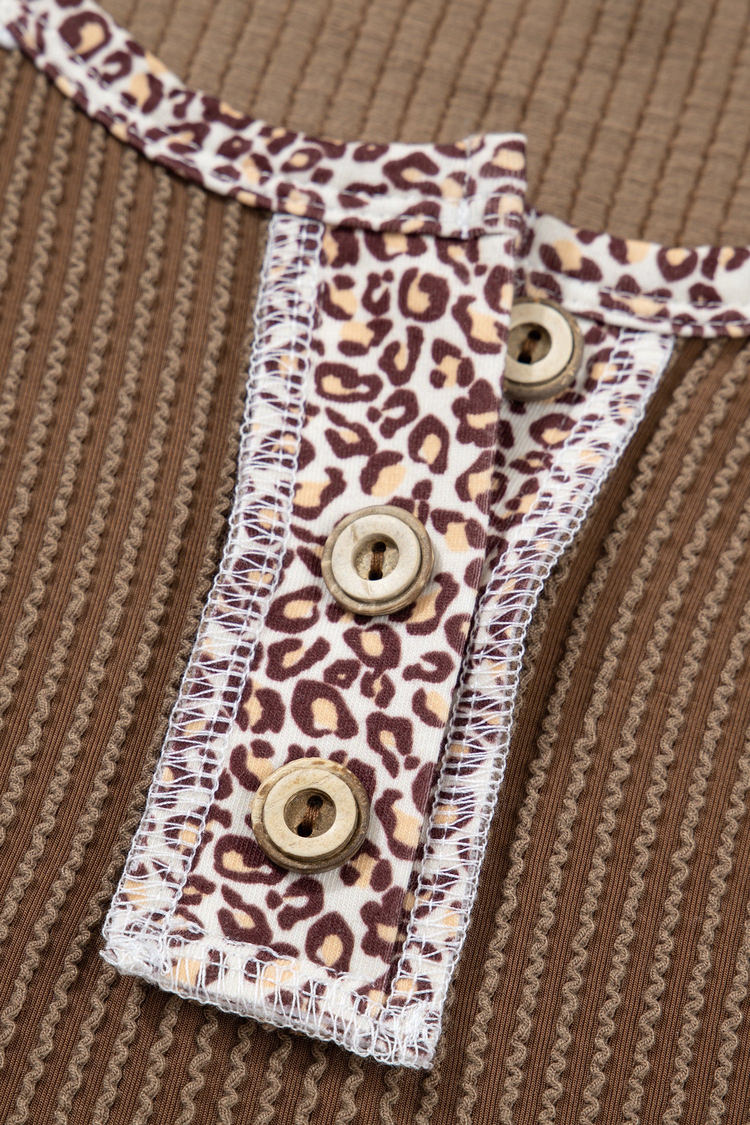 Dark Khaki Twisted Ribbed Leopard Lace Contrast Patchwork Long Sleeve Top-Tops/Long Sleeve Tops-[Adult]-[Female]-2022 Online Blue Zone Planet