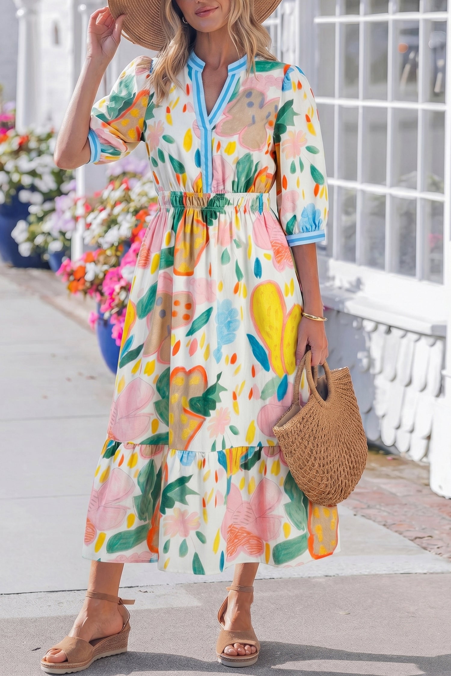 Multicolour Floral Doodle Print Striped Trim V Neck Midi Dress-TOPS / DRESSES-[Adult]-[Female]-2022 Online Blue Zone Planet