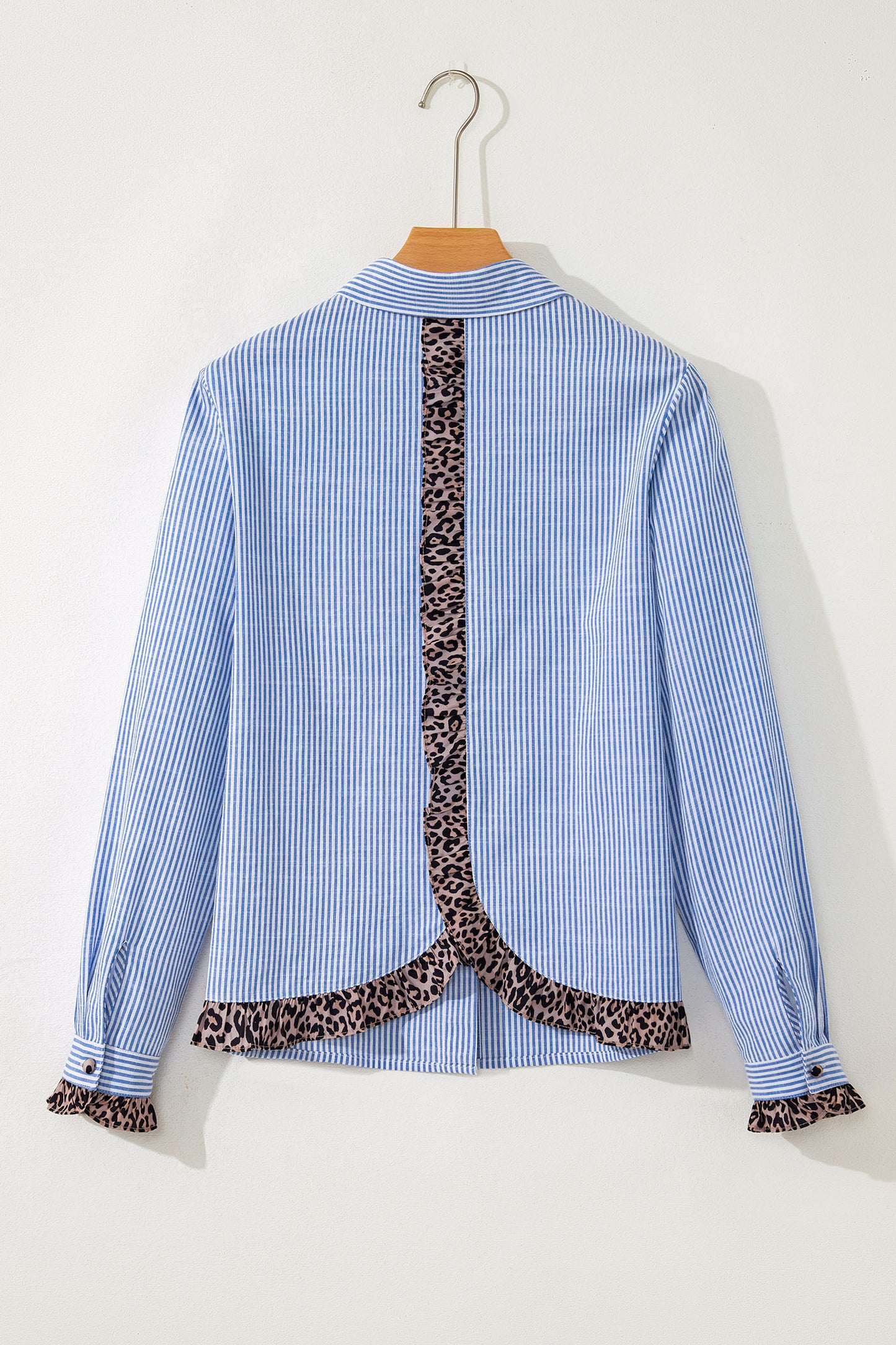 Sky Blue Stripe Contrast Frilled Leopard Trim Casual Long Sleeve Shirt-Tops/Blouses & Shirts-[Adult]-[Female]-2022 Online Blue Zone Planet