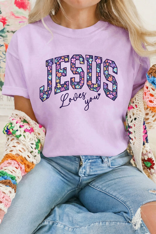 Orchid Petal Christian Floral Letter Graphic Round Neck T Shirt-Graphic/Graphic Tees-[Adult]-[Female]-Orchid Petal-S-2022 Online Blue Zone Planet
