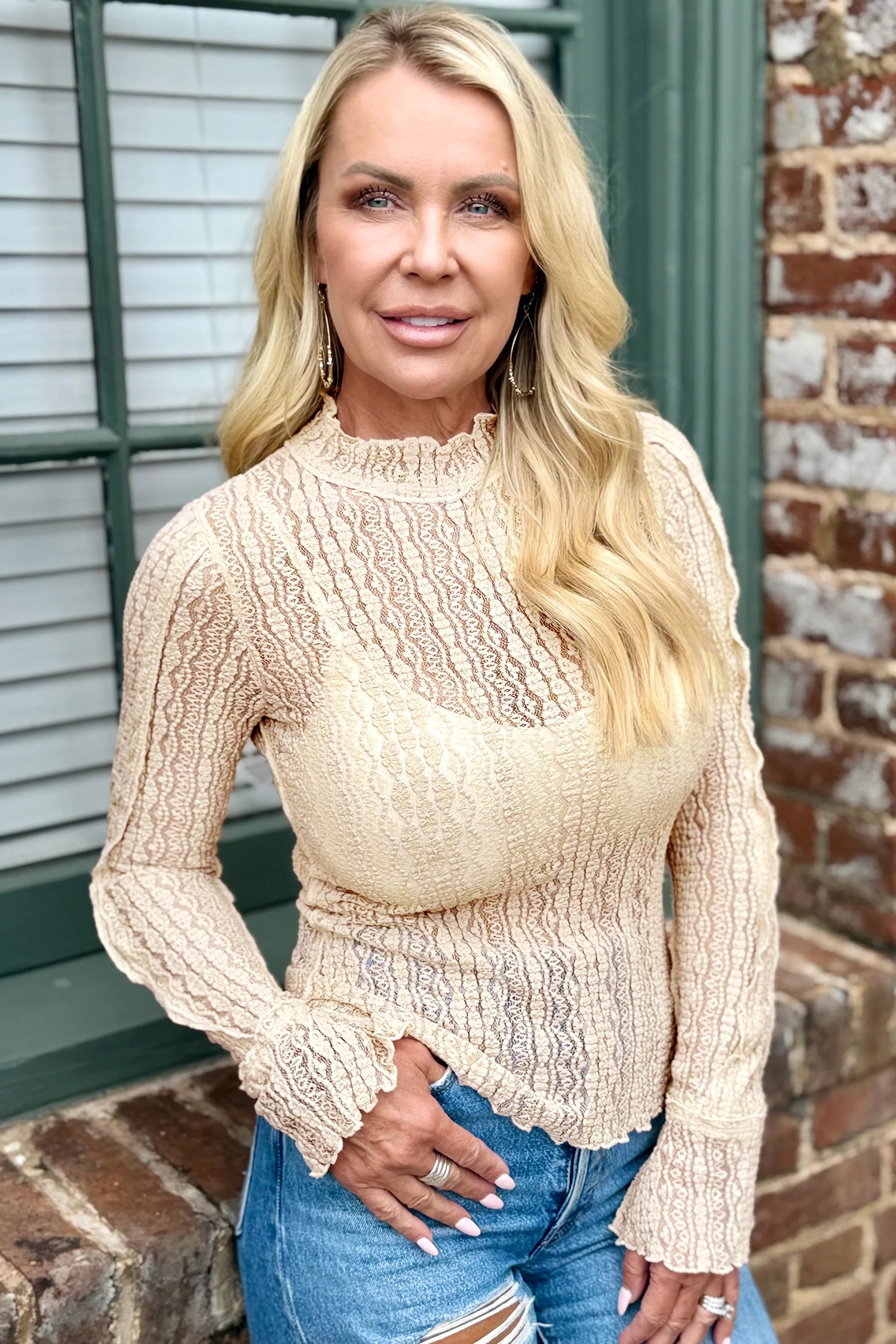 Apricot Flounced Long Sleeve Mock Neck Sheer Lace Top-Tops/Long Sleeve Tops-[Adult]-[Female]-2022 Online Blue Zone Planet