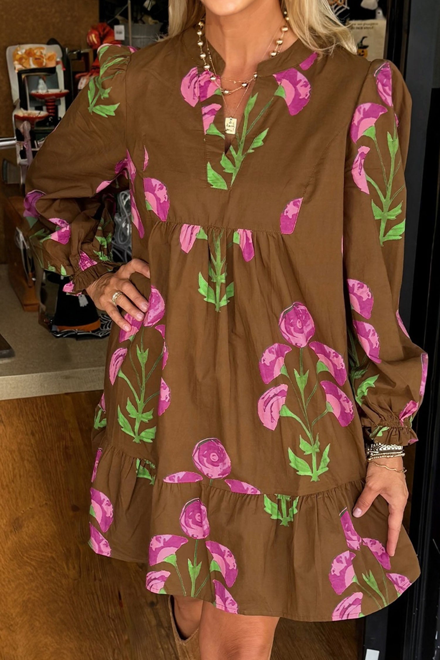 Brown Contrast Floral Print Babydoll Tunic Ruffled Hem Puff Sleeve Dress-TOPS / DRESSES-[Adult]-[Female]-2022 Online Blue Zone Planet