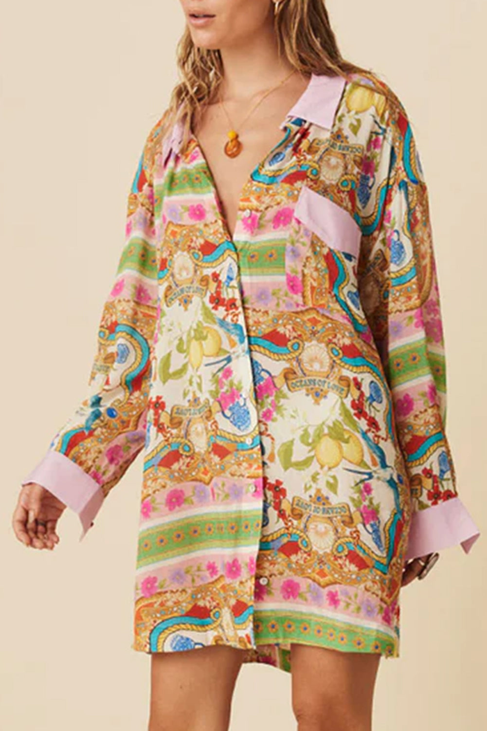 Blue Zone Planet | Multicolour Boho Floral Print Buttoned Long Sleeve Shirt Dress-TOPS / DRESSES-[Adult]-[Female]-Multicolour-S-2022 Online Blue Zone Planet