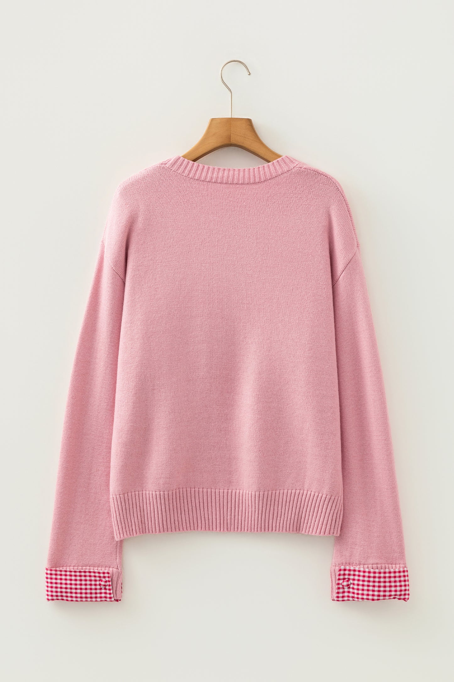 Light Pink Plaid Heart Embroidered Cuffed Drop Shoulder Crew Neck Sweater-Sweaters & Cardigans/Sweaters-[Adult]-[Female]-2022 Online Blue Zone Planet